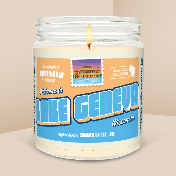 Lake Geneva soy candle in a 9 oz glass jar, from the Wanderlust Wisconsin Collection by Angela Rose Studios.