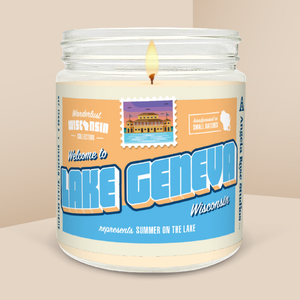 Lake Geneva soy candle in a 9 oz glass jar, from the Wanderlust Wisconsin Collection by Angela Rose Studios.