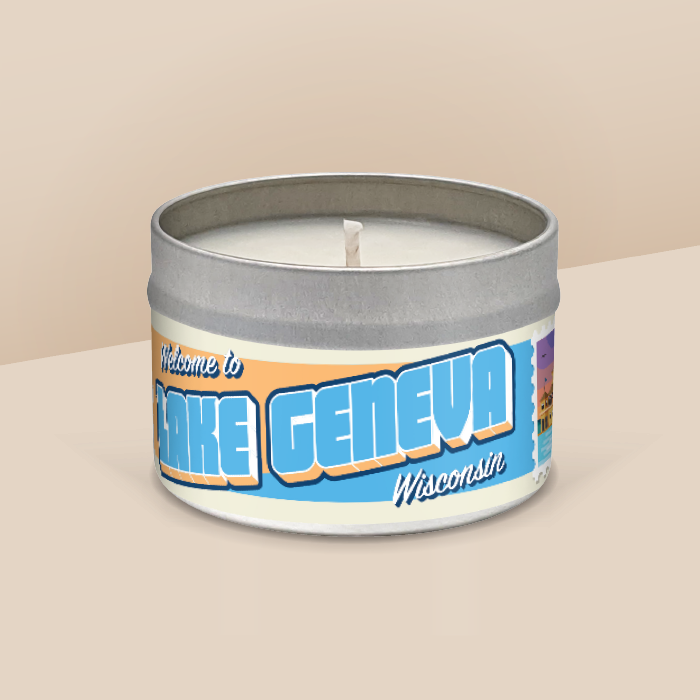 Lake Geneva soy candle in a 8 oz travel tin, from the Wanderlust Wisconsin Collection by Angela Rose Studios.