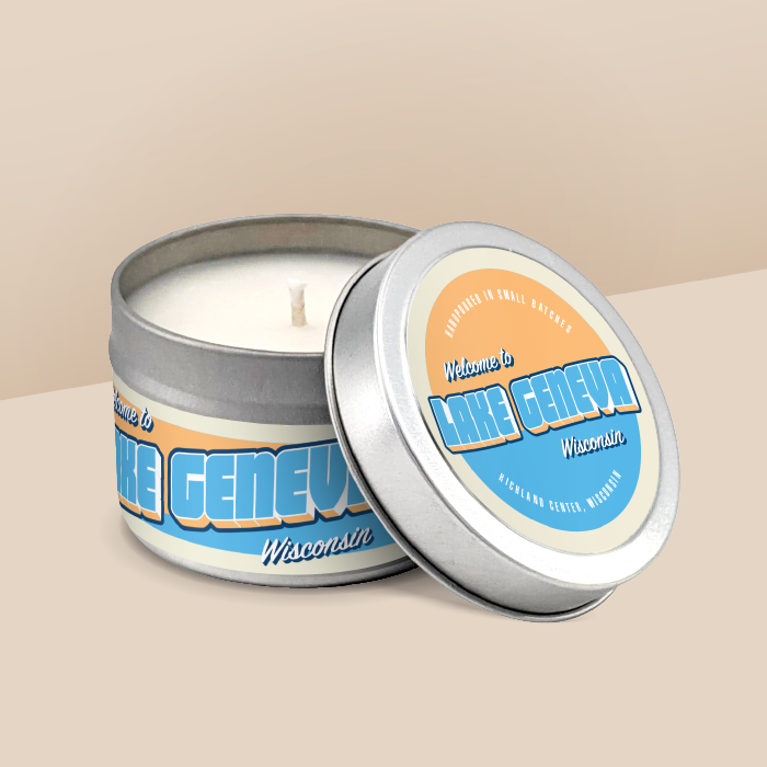 Lake Geneva soy candle in a 4 oz travel tin, from the Wanderlust Wisconsin Collection by Angela Rose Studios.