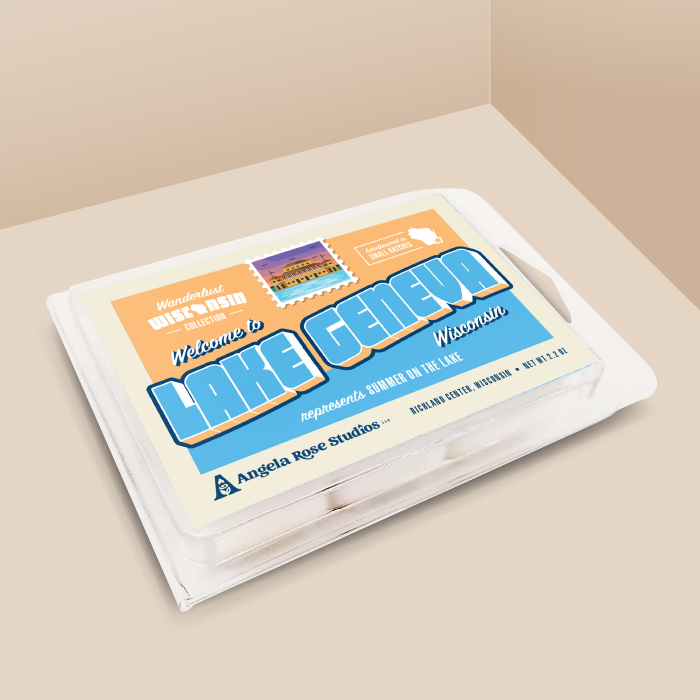 Lake Geneva soy wax melt with 6 cubes, from the Wanderlust Wisconsin Collection by Angela Rose Studios.