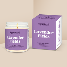 Load image into Gallery viewer, Lavender Fields soy candle in a 9 oz glass jar with packaging box, from the Signature Collection by Angela Rose Studios.