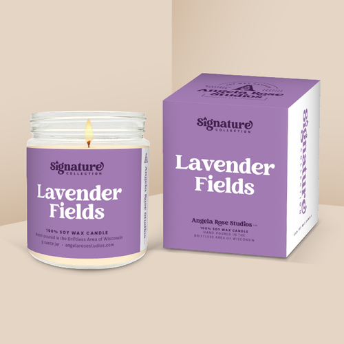 Lavender Fields soy candle in a 9 oz glass jar with packaging box, from the Signature Collection by Angela Rose Studios.