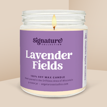 Load image into Gallery viewer, Lavender Fields soy candle in a 9 oz glass jar, from the Signature Collection by Angela Rose Studios.