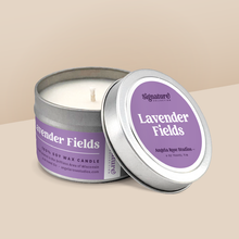 Load image into Gallery viewer, Lavender Fields soy candle in a 4 oz travel tin, from the Signature Collection by Angela Rose Studios.