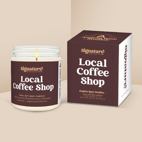 Local Coffee Shop soy candle in a 9 oz glass jar with packaging box, from the Signature Collection by Angela Rose Studios.