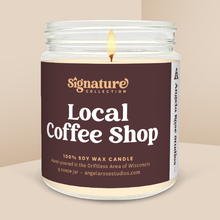 Load image into Gallery viewer, Local Coffee Shop soy candle in a 9 oz glass jar, from the Signature Collection by Angela Rose Studios.