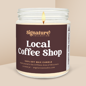 Local Coffee Shop soy candle in a 9 oz glass jar, from the Signature Collection by Angela Rose Studios.