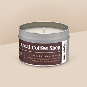 Local Coffee Shop soy candle in a 8 oz travel tin, from the Signature Collection by Angela Rose Studios.