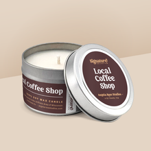 Load image into Gallery viewer, Local Coffee Shop soy candle in a 4 oz travel tin, from the Signature Collection by Angela Rose Studios.
