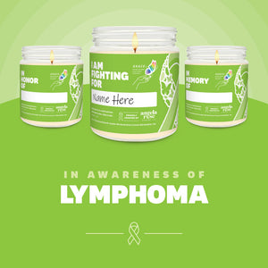 Lymphoma Awareness soy candle in a 9 oz glass jar, in collaboration with GRACE, from Angela Rose Studios. Choose from three messages: "I Am Fighting For," "In Honor Of," or "In Memory Of," and personalize it with the name of your loved one. Each candle supports cancer patients, with 100% of proceeds donated to Greater Richland Area Cancer Elimination, Inc.