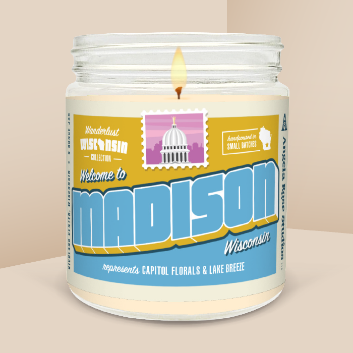 Madison soy candle in a 9 oz glass jar, from the Wanderlust Wisconsin Collection by Angela Rose Studios.