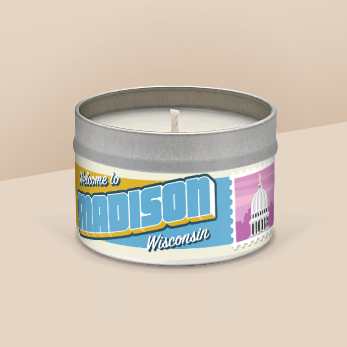 Madison soy candle in a 8 oz travel tin, from the Wanderlust Wisconsin Collection by Angela Rose Studios.