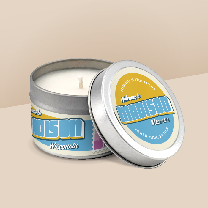 Madison soy candle in a 4 oz travel tin, from the Wanderlust Wisconsin Collection by Angela Rose Studios.