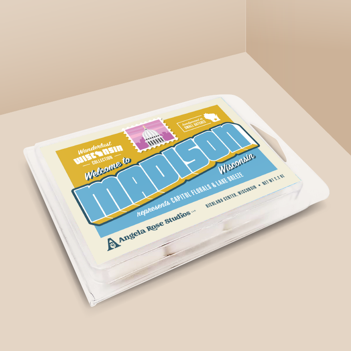 Madison soy wax melt with 6 cubes, from the Wanderlust Wisconsin Collection by Angela Rose Studios.