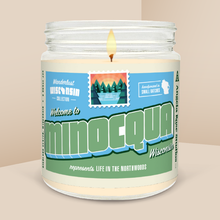 Load image into Gallery viewer, Minocqua soy candle in a 9 oz glass jar, from the Wanderlust Wisconsin Collection by Angela Rose Studios.