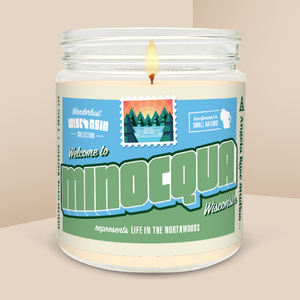 Minocqua soy candle in a 9 oz glass jar, from the Wanderlust Wisconsin Collection by Angela Rose Studios.