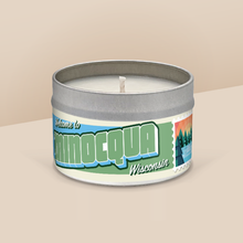 Load image into Gallery viewer, Minocqua soy candle in a 8 oz travel tin, from the Wanderlust Wisconsin Collection by Angela Rose Studios.