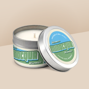 Minocqua soy candle in a 4 oz travel tin, from the Wanderlust Wisconsin Collection by Angela Rose Studios.