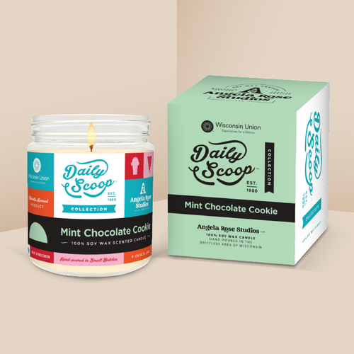 Mint Chocolate Cookie soy candle in a 9 oz glass jar with packaging box, from the Daily Scoop Collection by Angela Rose Studios. An officially licensed product, made in collaboration with the Wisconsin Union.