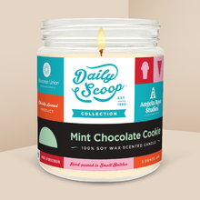 Load image into Gallery viewer, Mint Chocolate Cookie soy candle in a 9 oz glass jar, from the Daily Scoop Collection by Angela Rose Studios. An officially licensed product, made in collaboration with the Wisconsin Union.