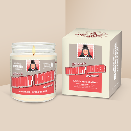 Mount Horeb soy candle in a 9 oz glass jar with packaging box, from the Wanderlust Wisconsin Collection by Angela Rose Studios.