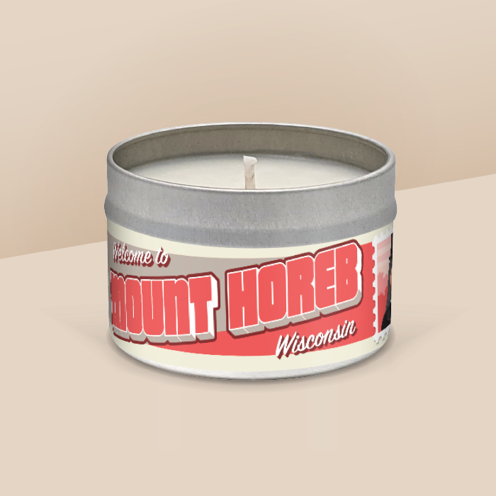 Mount Horeb soy candle in a 8 oz travel tin, from the Wanderlust Wisconsin Collection by Angela Rose Studios.
