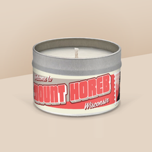 Load image into Gallery viewer, Mount Horeb soy candle in a 8 oz travel tin, from the Wanderlust Wisconsin Collection by Angela Rose Studios.