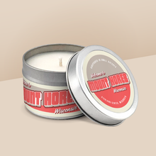 Load image into Gallery viewer, Mount Horeb soy candle in a 4 oz travel tin, from the Wanderlust Wisconsin Collection by Angela Rose Studios.