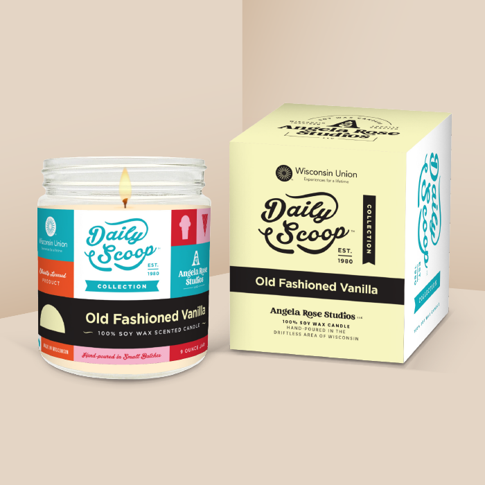 Old Fashioned Vanilla soy candle in a 9 oz glass jar with packaging box, from the Daily Scoop Collection by Angela Rose Studios. An officially licensed product, made in collaboration with the Wisconsin Union.