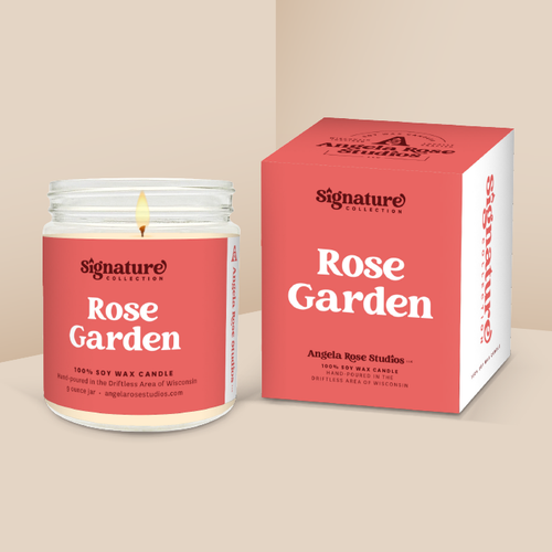 Rose Garden soy candle in a 9 oz glass jar with packaging box, from the Signature Collection by Angela Rose Studios.