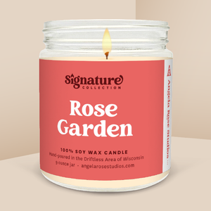 Rose Garden soy candle in a 9 oz glass jar, from the Signature Collection by Angela Rose Studios.