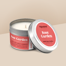 Load image into Gallery viewer, Rose Garden soy candle in a 4 oz travel tin, from the Signature Collection by Angela Rose Studios.