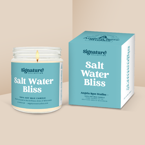 Salt Water Bliss soy candle in a 9 oz glass jar with packaging box, from the Signature Collection by Angela Rose Studios.
