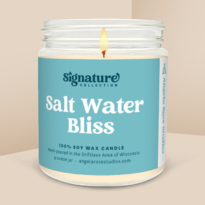 Salt Water Bliss soy candle in a 9 oz glass jar, from the Signature Collection by Angela Rose Studios.