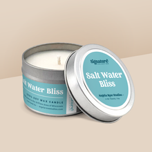 Load image into Gallery viewer, Salt Water Bliss soy candle in a 4 oz travel tin, from the Signature Collection by Angela Rose Studios.