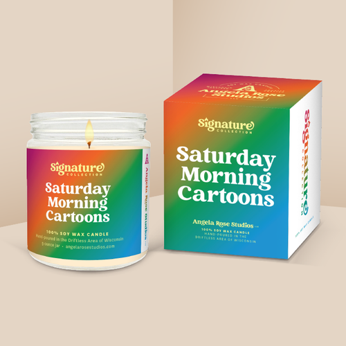 Saturday Morning Cartoons soy candle in a 9 oz glass jar with packaging box, from the Signature Collection by Angela Rose Studios.