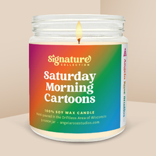 Load image into Gallery viewer, Saturday Morning Cartoons soy candle in a 9 oz glass jar, from the Signature Collection by Angela Rose Studios.
