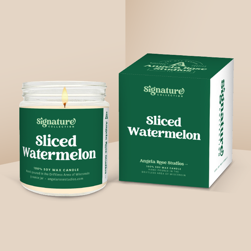 Sliced Watermelon soy candle in a 9 oz glass jar with packaging box, from the Signature Collection by Angela Rose Studios.