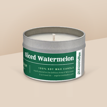 Load image into Gallery viewer, Sliced Watermelon soy candle in a 8 oz travel tin, from the Signature Collection by Angela Rose Studios.