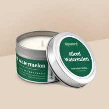 Load image into Gallery viewer, Sliced Watermelon soy candle in a 4 oz travel tin, from the Signature Collection by Angela Rose Studios.