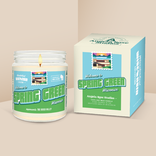 Spring Green soy candle in a 9 oz glass jar with packaging box, from the Wanderlust Wisconsin Collection by Angela Rose Studios.