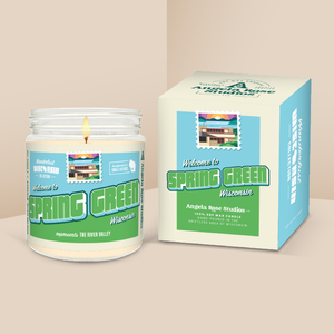 Spring Green soy candle in a 9 oz glass jar with packaging box, from the Wanderlust Wisconsin Collection by Angela Rose Studios.