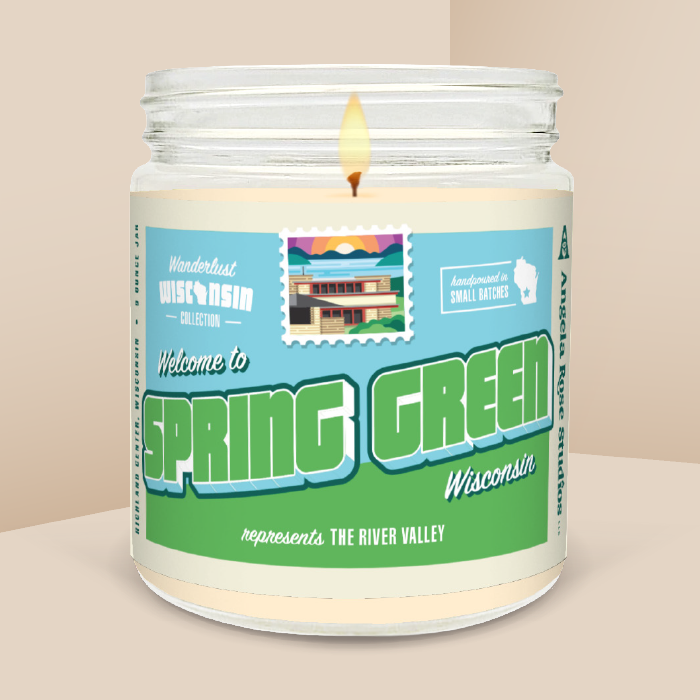 Spring Green soy candle in a 9 oz glass jar, from the Wanderlust Wisconsin Collection by Angela Rose Studios.