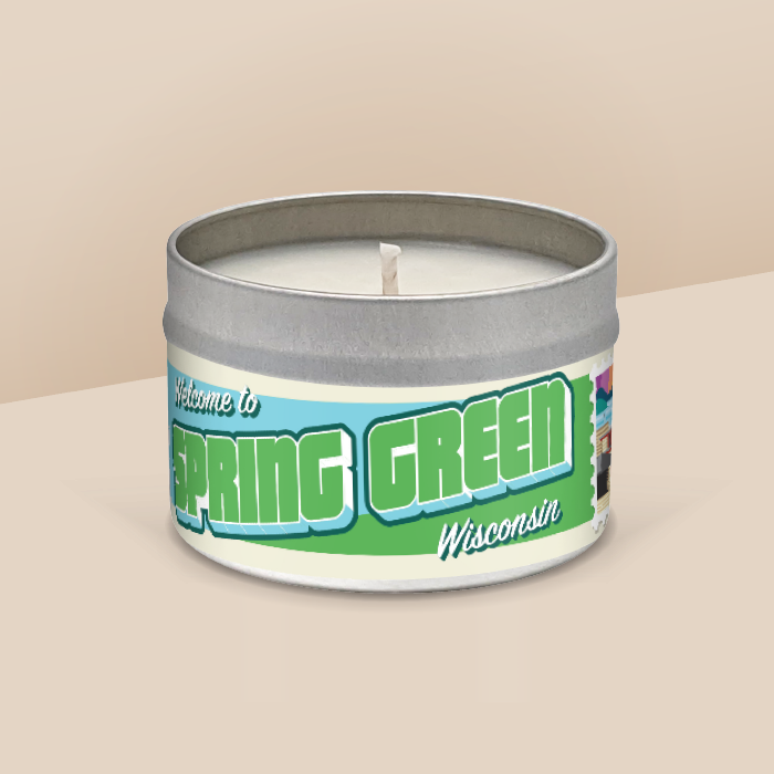 Spring Green soy candle in a 8 oz travel tin, from the Wanderlust Wisconsin Collection by Angela Rose Studios.