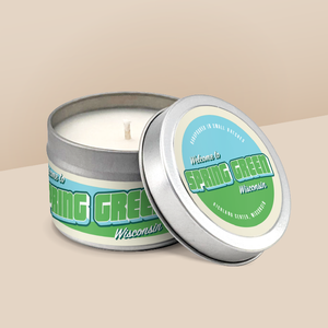 Spring Green soy candle in a 4 oz travel tin, from the Wanderlust Wisconsin Collection by Angela Rose Studios.