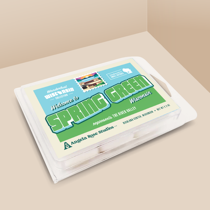 Spring Green soy wax melt with 6 cubes, from the Wanderlust Wisconsin Collection by Angela Rose Studios.