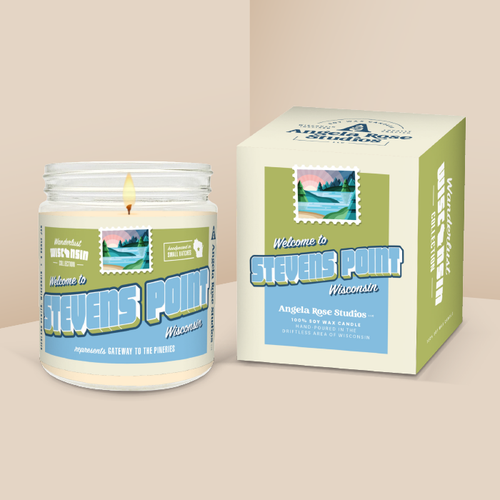 Stevens Point soy candle in a 9 oz glass jar with packaging box, from the Wanderlust Wisconsin Collection by Angela Rose Studios.