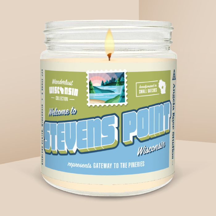 Stevens Point soy candle in a 9 oz glass jar, from the Wanderlust Wisconsin Collection by Angela Rose Studios.