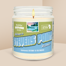 Load image into Gallery viewer, Stevens Point soy candle in a 9 oz glass jar, from the Wanderlust Wisconsin Collection by Angela Rose Studios.